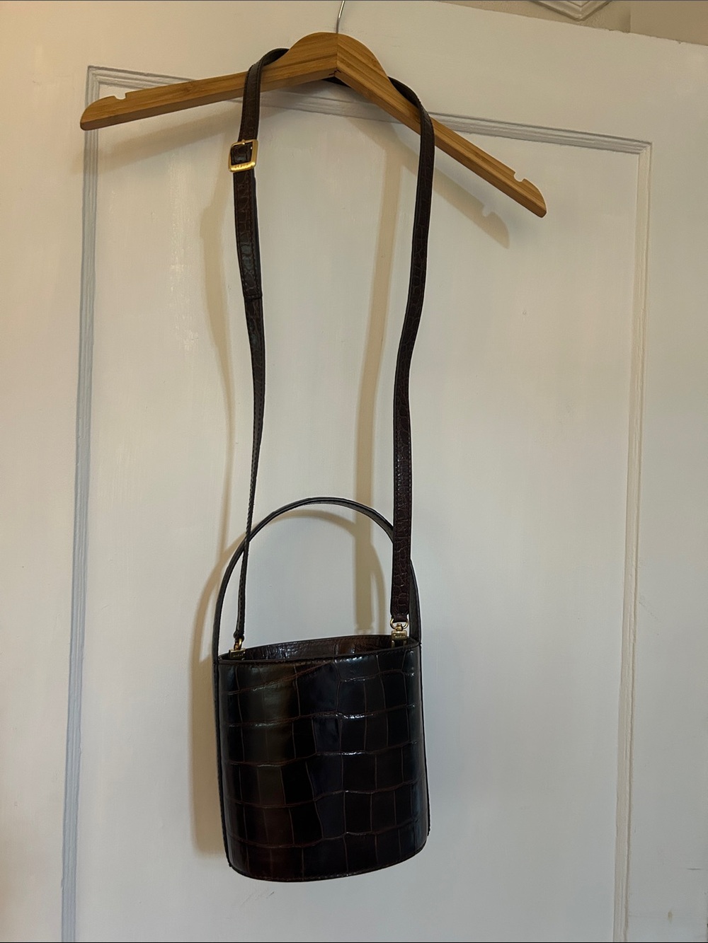Staud Croc-Embossed Bucket Crossbody Bag in Dark Brown Espresso